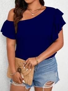 EMERY ROSE Áo thun trơn cổ bẻ bất đối xứng cỡ lớn cho nữ - Màu xanh hải quân - Xem 4