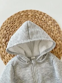 Bộ đồ liền thân dệt kim dày mềm mại màu xám chải kỹ có mũ trùm đầu có khóa kéo cho bé trai/bé gái, đa năng để mặc trong nhà và ngoài trời, mùa thu/đông - Xám - Xem 5