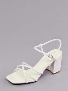 SHUZIA Women Minimalist Chunky Heeled Ankle Strap Sandals, Elegant Summer Heeled Sandals - White - View 3
