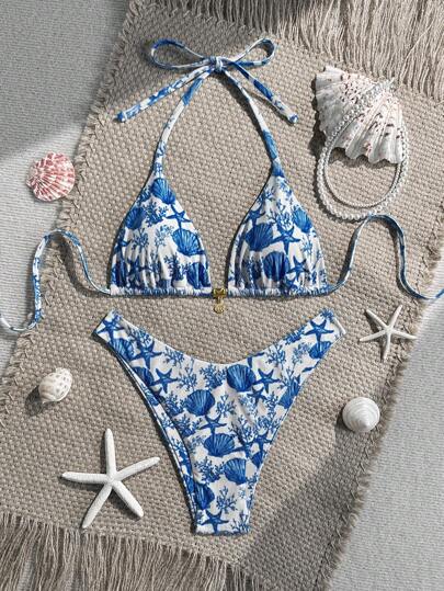 Swim Mod Set de 2 piezas Bikini de verano con top halter estampado de textura acanalada y con detalle de concha dorada, y braga de corte alto, traje de baño sexy