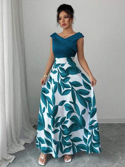 Elenzga 女式蓝色拼色印花V领高腰喇叭形休闲度假连衣裙