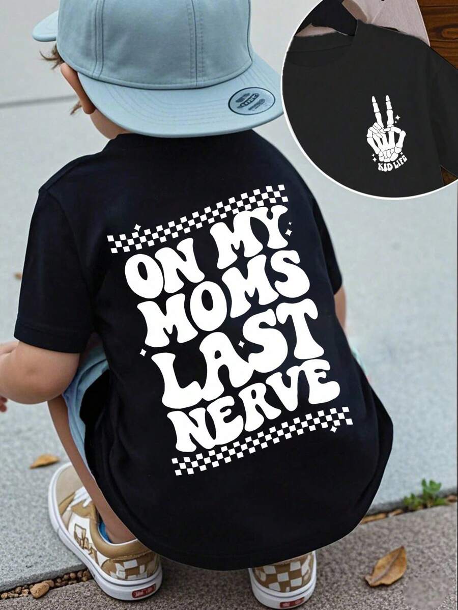 SHEIN Playful Pals 男婴休闲时尚创意标语字母图案印花基本款短袖圆领 T 恤，夏季 - 黑色 - 查看 1