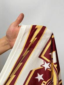 Slaydiva 2025新款夏季休闲街头运动风音乐季机车风23数字蜘蛛网复古图案全身印花V领短袖宽松T恤+宽松短裤大网眼针织杏色拼酒红色23号橄榄球闪电印花女士两件套-A - 杏色 - 查看 8