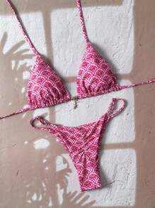 Elavelle Set Bikini Seksi Springbreak untuk Liburan Pantai Musim Panas dengan Motif Bunga Acak dan Tali Bahu Tipis serta Hiasan Logam - MultiWarna - View 5