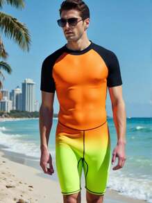 Manfinity Swimmode Men's Summer Holiday Beach Ombre Raglan Sleeve One-Piece Swimsuit