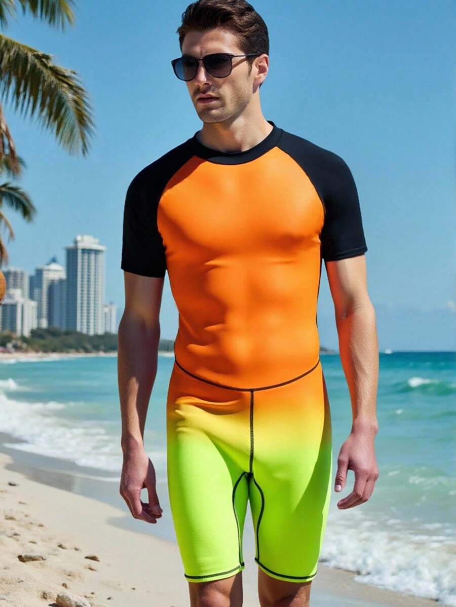 Manfinity Swimmode Men's Summer Holiday Beach Ombre Raglan Sleeve One-Piece Swimsuit