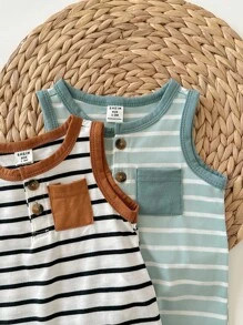 2pcs/Set Baby Boy Casual Striped Color Block Tank Top & Shorts Set, Suitable For Spring & Summer