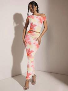 SHEIN BAE 女式不对称褶皱修身两件套，适合夏季/海滩度假、生日派对，优雅图案印花上衣 - 粉色 - 查看 3