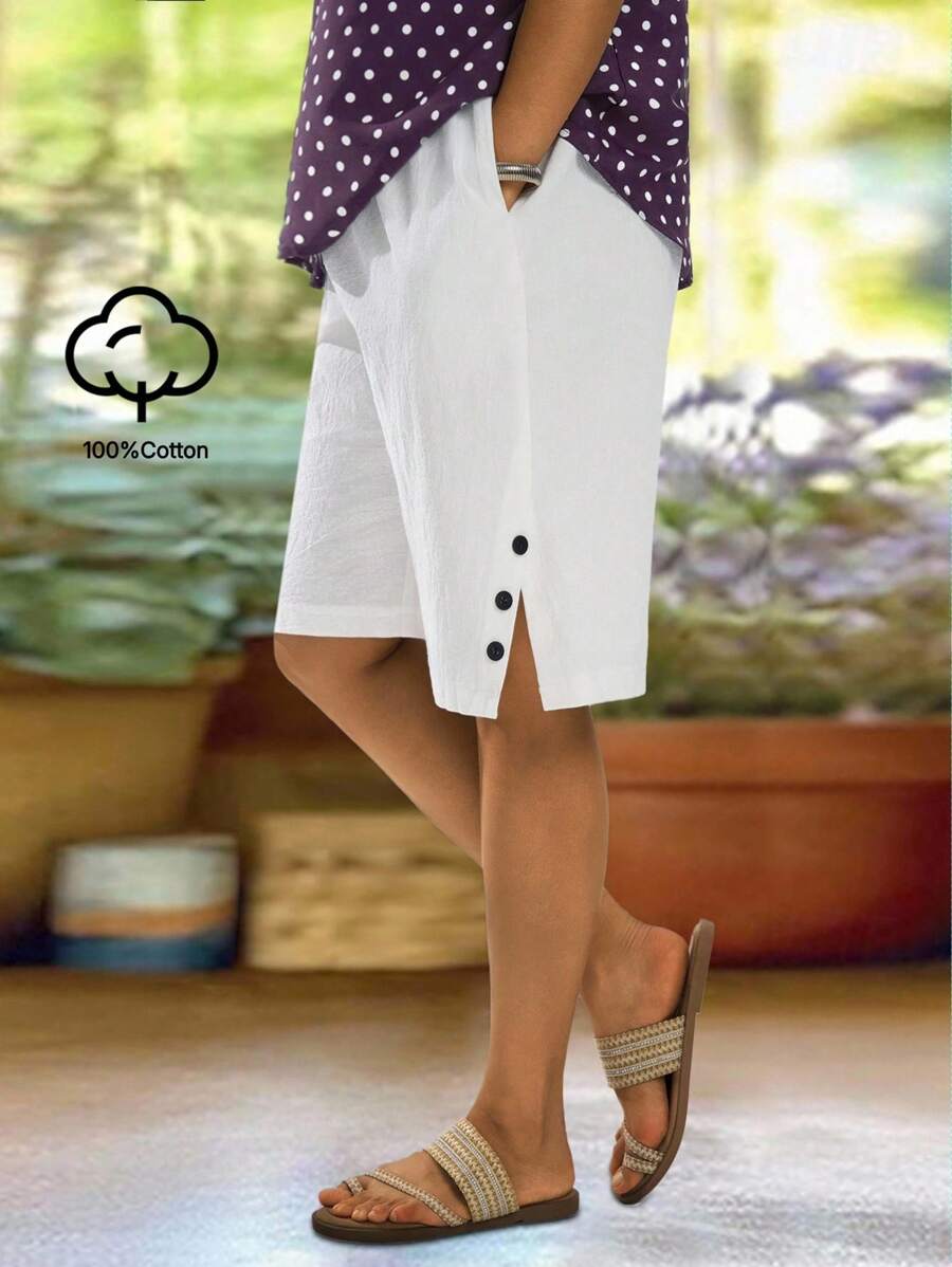 EMERY ROSE 大码女式 5 英寸休闲短裤，街头风格及膝自然白带口袋，柔软舒适弹力，休闲日常穿着，适合夏季、春节 - 白色 - 查看 1