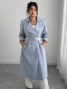 Elenzga 大码时尚休闲复古风格翻领双排扣经典中长款风衣，适合日常穿着、商务穿着、度假穿着