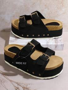 SHUZIA 女士宽版露趾双扣软木鞋床拖鞋凉鞋 女士黑色绒面革宽版平底凉鞋 - 黑色 - 查看 1