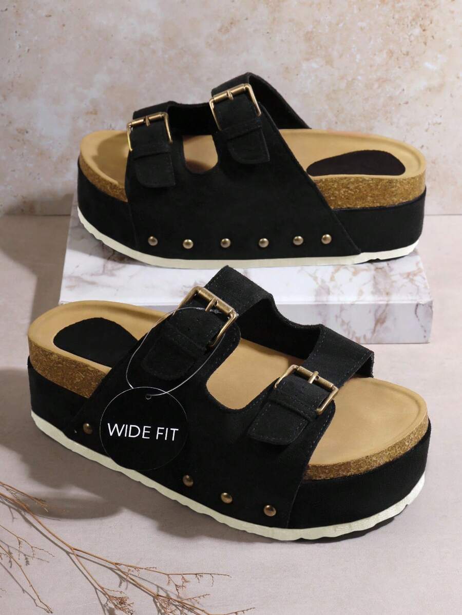 SHUZIA 女士宽版露趾双扣软木鞋床拖鞋凉鞋 女士黑色绒面革宽版平底凉鞋 - 黑色 - 查看 1