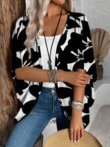 EMERY ROSE Women's Casual Botanical Leaf Print Lightweight Jacket, Suitable For Spring/Summer Autumn - Multicolor - View 2