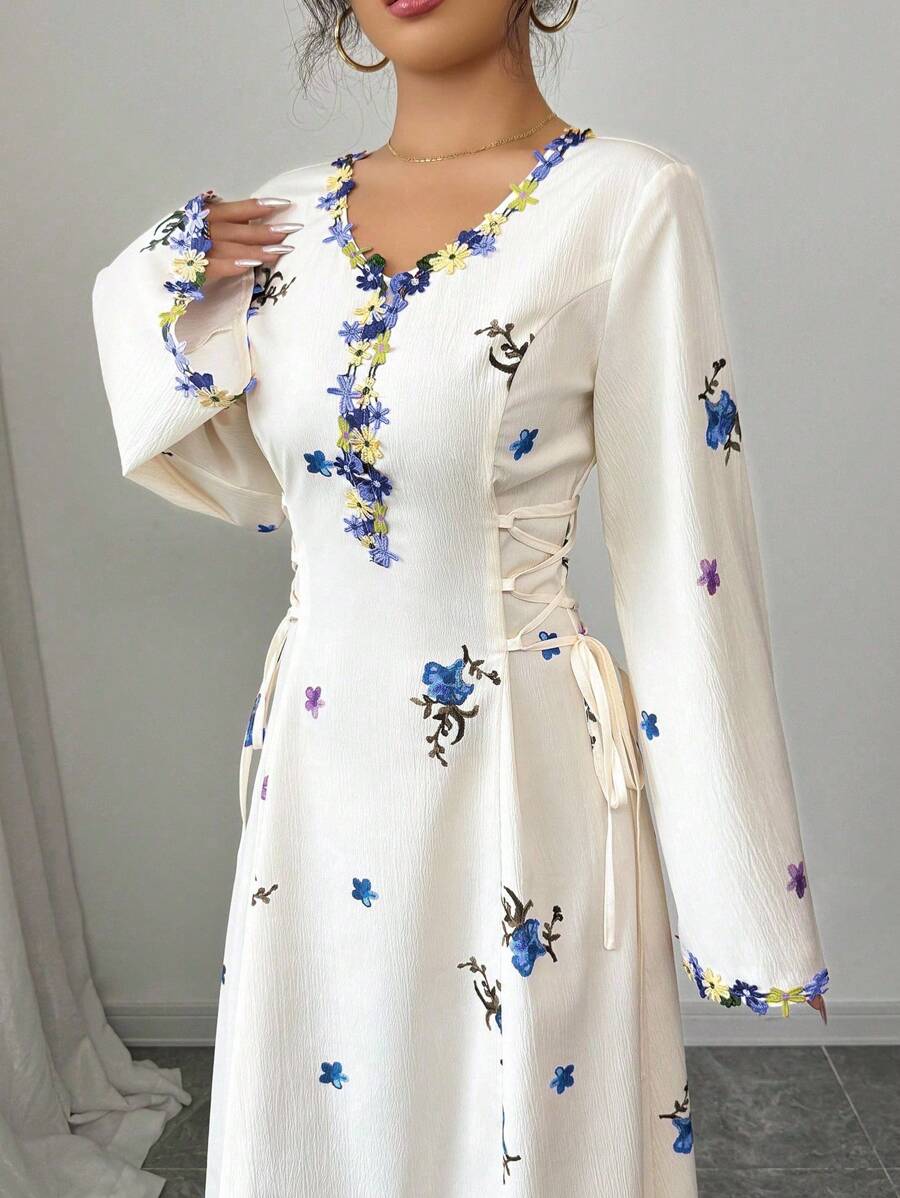 Yasmyna Women's Woven Floral Print Ruffle Tie-Waist A-Line Arabic Dress - Blue - View 1