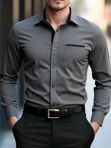 SHEIN 青少年男孩百搭长袖衬衫，休闲舒适，适合日常穿着 - 灰色 - 查看 1