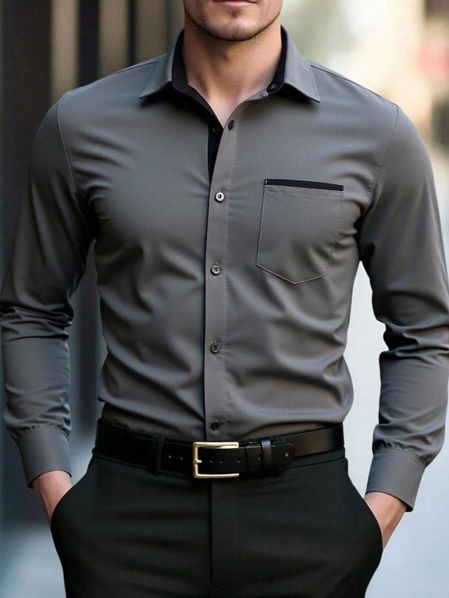 SHEIN 青少年男孩百搭长袖衬衫，休闲舒适，适合日常穿着 - 灰色 - 查看 1