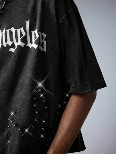 Street Life T-shirt à manches courtes pour hommes, style de vie de rue, lavé, avec application de perles. Style court, ample, rave