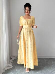 Elenzga 女士优雅夏季印花长裙 - 黃色 - 查看 5