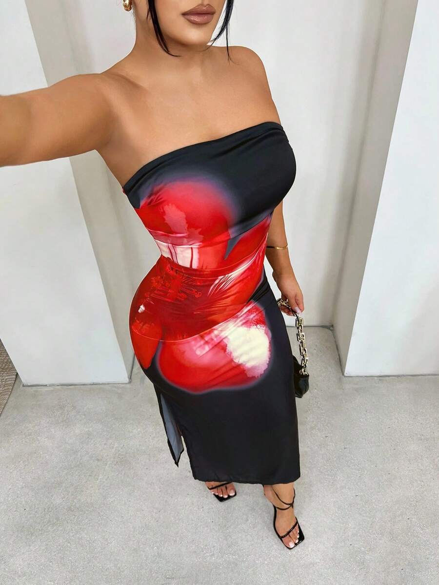 SHEIN SXY 女式夏季性感花卉印花开衩露肩连衣裙 - 彩色 - 查看 1