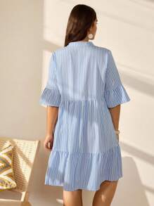 Nubod Plus Size Striped Simple Pleated Design Dress For Women - Blue - View 2