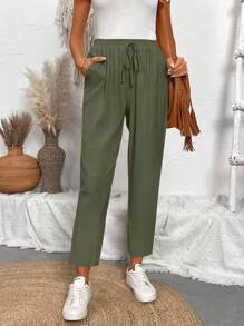 Calvaya Damen einfarbige, lässige, figurbetonte Caprihosen, Damen Frühling/Herbst lässige Jogginghose mit Tunnelzug, Taschen und natürlicher Passform, grüne Baumwoll-Caprihosen mit Normaler Passform, lässiger Alltags-Tragekomfort