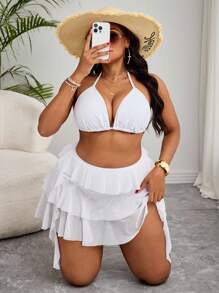 Slaydiva Traje de baño de 2 piezas talla grande para mujer, con parte superior tipo halter de unicolor y shorts con volantes multicapa, ideal para vacaciones en la playa - Blanco - Ver 5