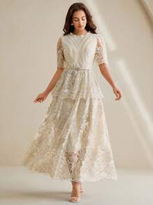 Anewsta 优雅高端圆领蕾丝钻石腰带可调节束腰夏季长裙高品质优雅女士 - 杏色 - 查看 3