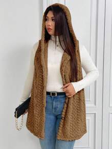 SHEIN Elenzya Plus Size Casual Fluffy Jacquard Solid Color Thick Hooded Single-Breasted Versatile Cardigan Vest Jacket Winter Fall Autumn - Brown - View 4