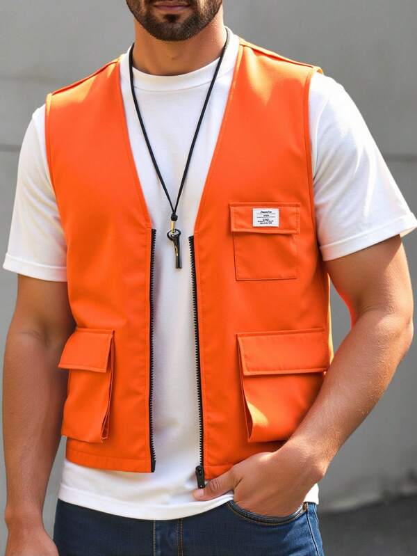 HIMLAND Loose Men's Letter Patched Detail Flap Pocket Vest Without Tee