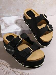 SHUZIA 女士宽版露趾双扣软木鞋床拖鞋凉鞋 女士黑色绒面革宽版平底凉鞋 - 黑色 - 查看 4