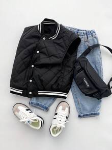 SHEIN Chaleco/Chaqueta negra con estampado gráfico de letra y acolchado, estilo callejero casual y holgado para niño, forro grueso, cómodo para ir al trabajo, la escuela, uso diario, deportes, adecuado para otoño e invierno - Negro - Ver 5