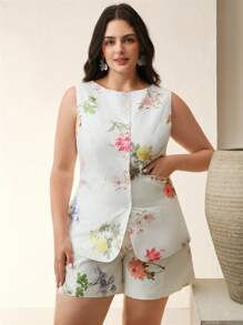 Anewsta Plus Size Floral Print Commuting Sophisticated Elegant Casual Shorts