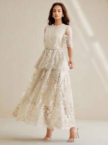 Anewsta 优雅高端圆领蕾丝钻石腰带可调节束腰夏季长裙高品质优雅女士 - 杏色 - 查看 6