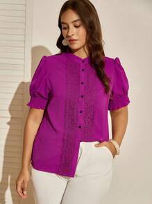 Nubod Plus Size Women's Puff Sleeve Stand Collar Shirt - Multicolor - View 6