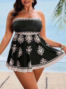 Swim Lushoire Plus Size Women Simple Bohemian Print Tankini Top, Suitable For Everyday Wear In Summer - Multicolor - View 3
