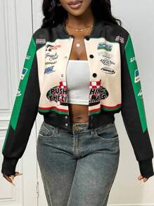 Slaydiva 2025新款早秋冬休闲街头日常约会机车复古棒球夹克口号Logo杏色拼接黑绿印花落肩长袖宽松外套针织面料女装