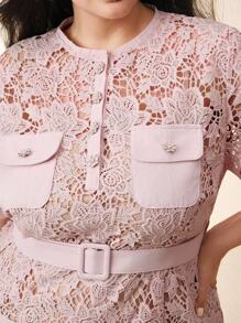 Anewsta 女士蓝色水溶性蕾丝边优雅经典短袖迷你连衣裙，适合夏季、节日、优雅、假日、度假、休闲、优雅、海滩