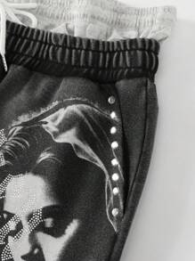 ROMWE MEN Street Life Men's Distressed Double Waistband Religious Character Rhinestone Print Washed Casual Shorts - Black - View 3