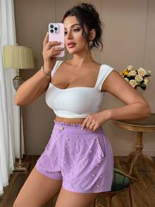 Celure Plus Size Women Pearl Decor Fitted Shorts