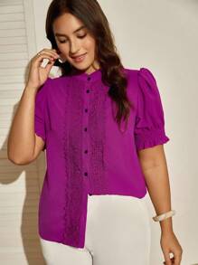Nubod Plus Size Women's Puff Sleeve Stand Collar Shirt - Multicolor - View 3