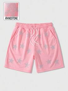 ROMWE MEN Street Life Shorts com Cordão na Cintura e Bolsos, com Estrela de Diamante Cintilante Masculino - Rosa chiclete - Visão 1