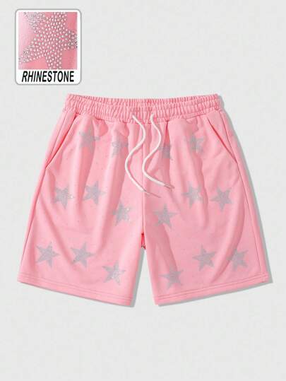 Anime Men's Sparkling Diamond Star Drawstring Waist Pocket Shorts