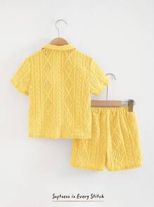 Cozy Pixies 2件套男童纯色Polo领短袖开衫和松紧腰短裤 - 黃色 - 查看 2