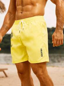 Surfspeed Men's Summer Chinese Dragon Print Drawstring Waist Beach Shorts - Yellow - View 5