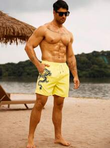 Surfspeed Men's Summer Chinese Dragon Print Drawstring Waist Beach Shorts - Yellow - View 6
