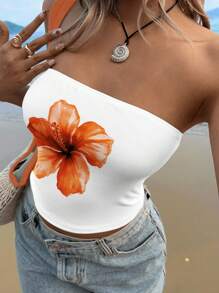 Muchica 女士修身花卉印花休闲抹胸，适合夏季 - 白色 - 查看 4