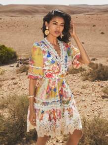 Anewsta Đầm midi hở eo họa tiết đèn lồng cổ chữ V tay ngắn họa tiết hoa viền xếp nếp cho nữ, trang phục dự tiệc/đi chơi/nghỉ dưỡng - Nhiều màu - Xem 13