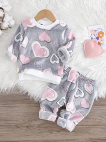 2 件婴幼儿女孩心形印花粉白长袖上衣和罗纹袖口舒适裤子套装，秋冬家居服女婴睡衣女婴心形套装返校时尚 - 彩色 - 查看 1