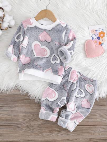 2 件婴幼儿女孩心形印花粉白长袖上衣和罗纹袖口舒适裤子套装，秋冬家居服女婴睡衣女婴心形套装返校时尚