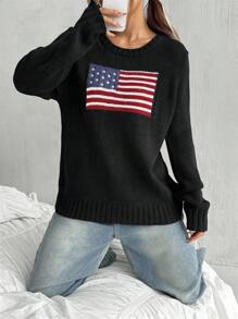 SHEIN EZwear 女士秋冬休闲国旗黑色针织套头衫 - 黑色 - 查看 5